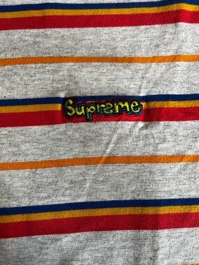 Supreme SS18 Heather Gray Gonz logo Tee with Red, Blue & Yellow Stripes XL